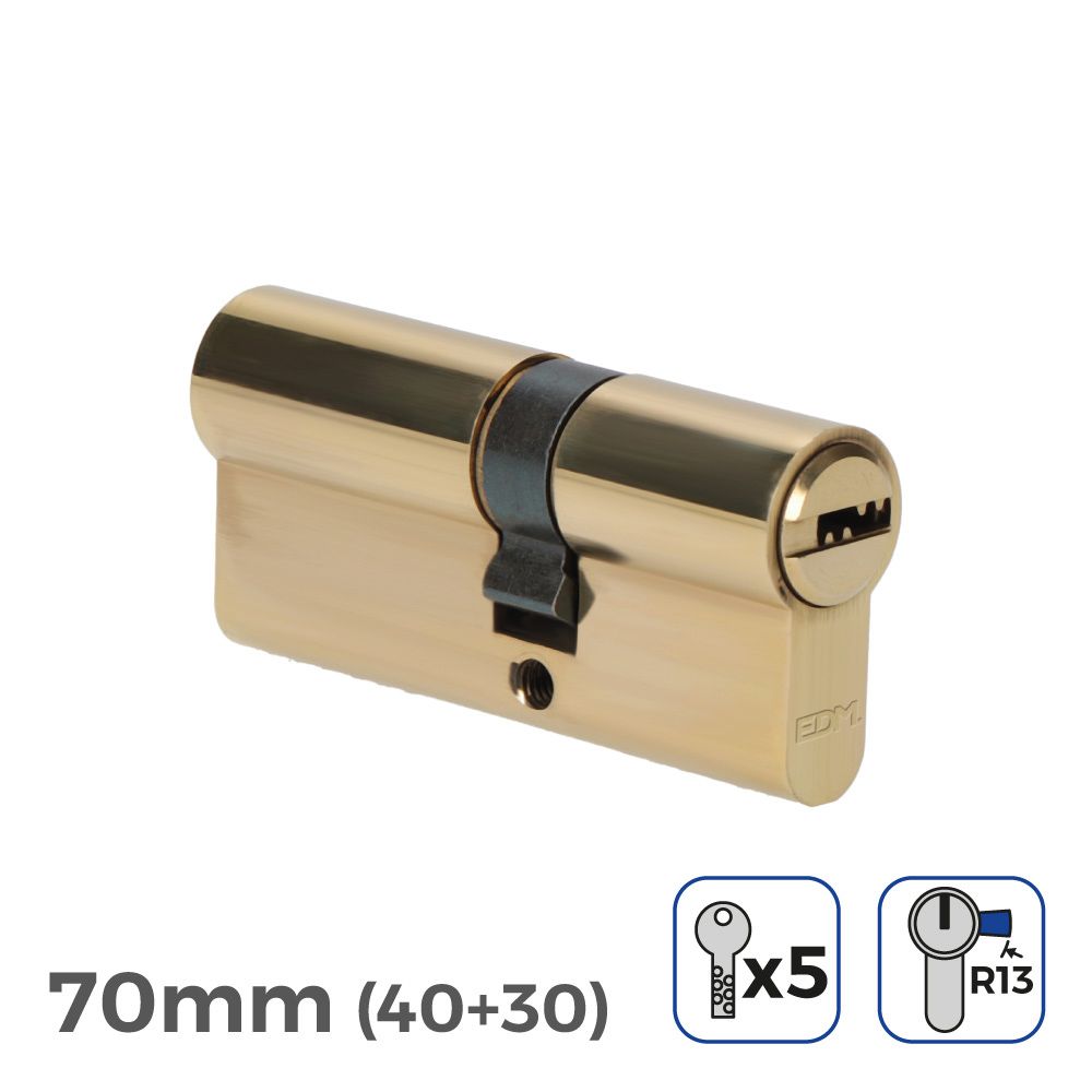 CILINDRO DE LATÓN 70mm (40+30mm) LEVA CORTA R13 CON 5 LLAVES DE SEGURIDAD INCLUIDAS