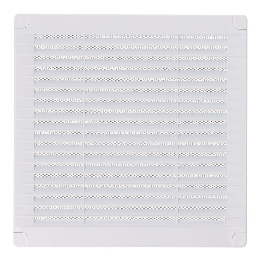 REJILLA VENTILACIÓN CUADRADA CON TAPONES Y MOSQUITERA 200x200x7mm ABS BLANCA
