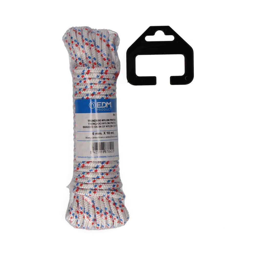 CUERDA TRENZADA BLANCA CON PINTAS NYLON, CALIBRE 6 mm x 10 m