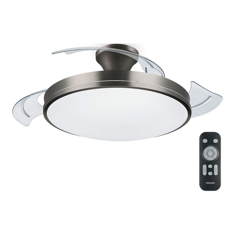VENTILADOR DE TECHO DE LED MODELO ATLAS. COLOR NIKEL. POTENCIA: 28 + 35 W ASPAS: Ø 106 cm CON MANDO A DISTANCIA