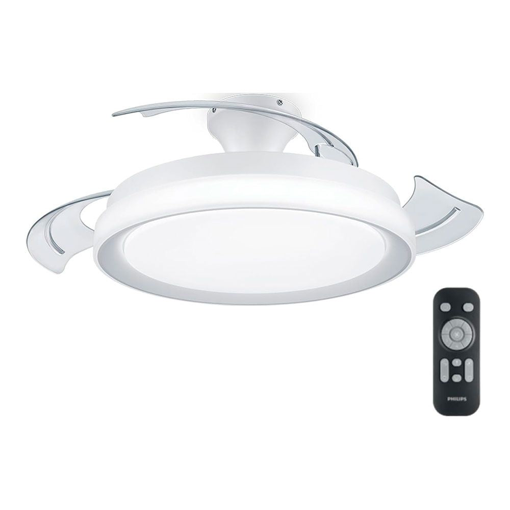 VENTILADOR DE TECHO DE LED MODELO BLISS. COLOR BLANCO. POTENCIA: 28 + 35 W ASPAS: Ø 106 cm CON MANDO A DISTANCIA
