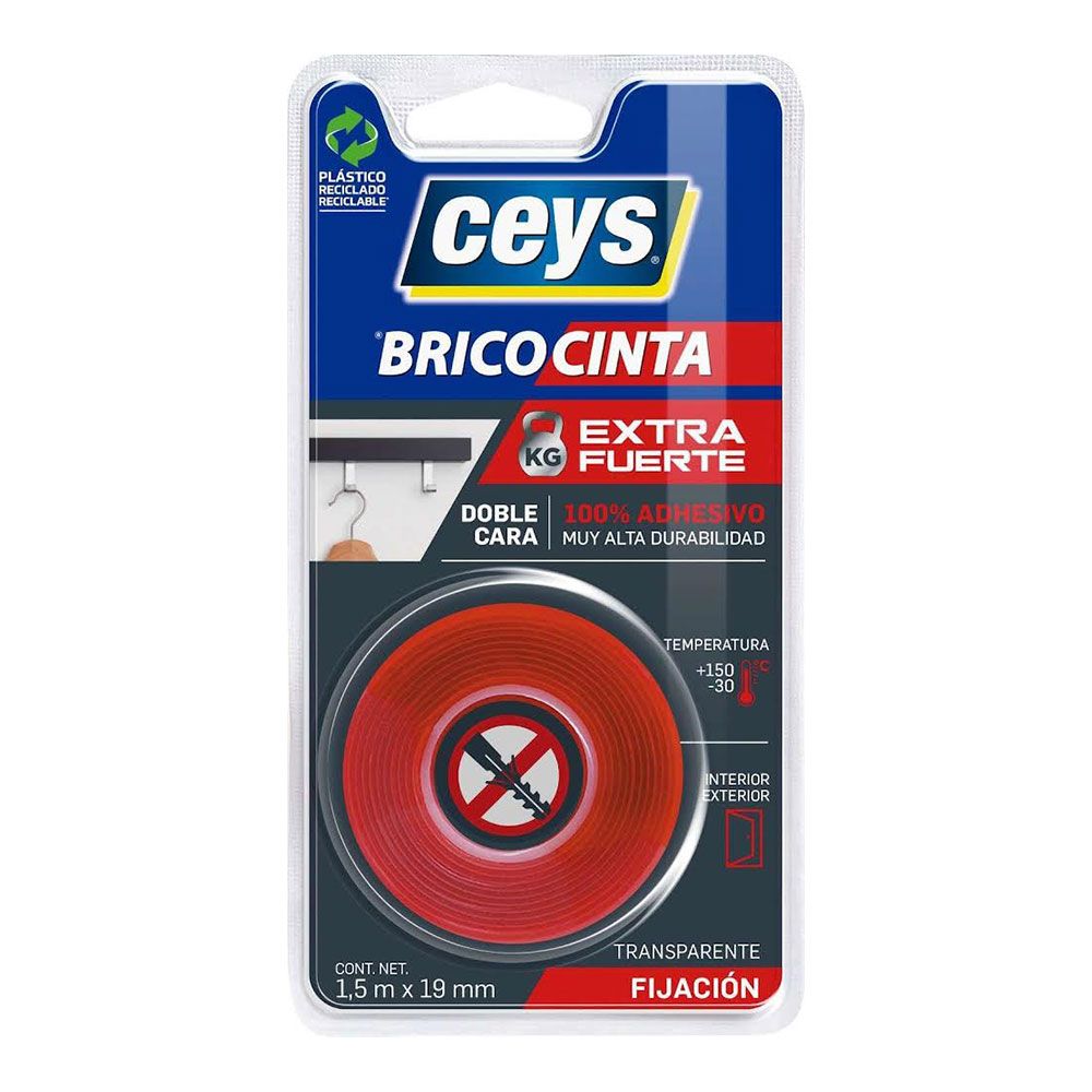 CINTA DOBLE CARA EXTRA FUERTE TRANSPARENTE 19 mm x 1,5 m
