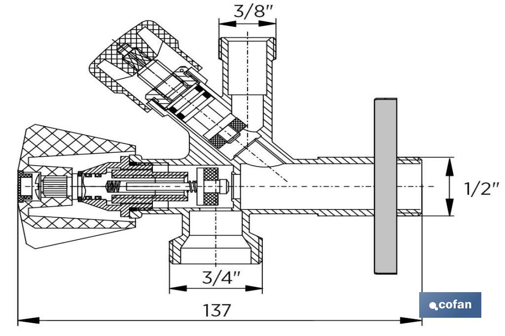 VÁLVULA DE ESCUADRA 1/2 x 3/4 x 3/8 MODELO COMBI