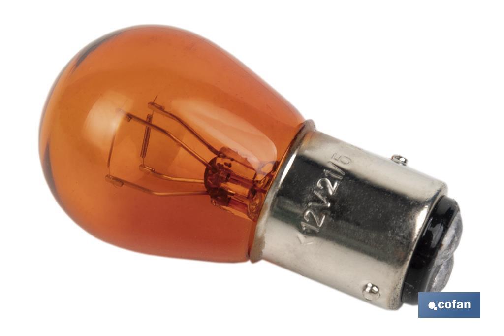 LÁMPARA COFAN 2 POLOS ÁMBAR DESCENTRADA P21/5W (BAZ15d) 12V venta unitaria