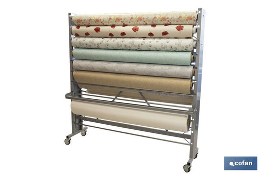 EXPOSITOR DE HULES Y MANTELES HORIZONTAL CON CORTADOR Y RUEDAS PARA 22 ROLLOS