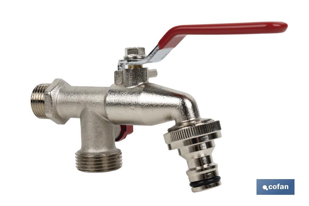 GRIFO CON MANETA PARA MANGUERA Y DOBLE SALIDA 1/2 X 3/4 X 3/4