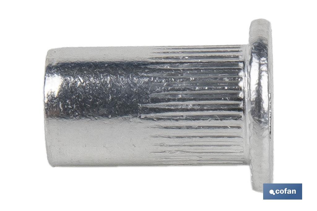 TUERCAS REMACHABLES CILÍNDRICAS RANURADAS FONDO ABIERTO CABEZA ANCHA ALUMINIO M3 X 10