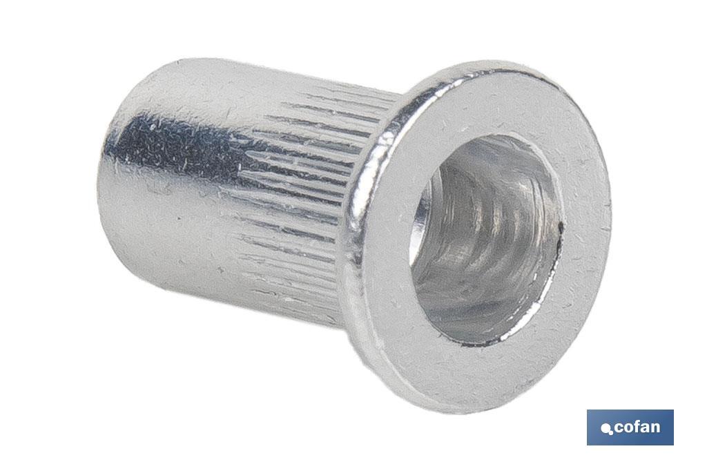 TUERCAS REMACHABLES CILÍNDRICAS RANURADAS FONDO ABIERTO CABEZA ANCHA ALUMINIO M6 X 14,5