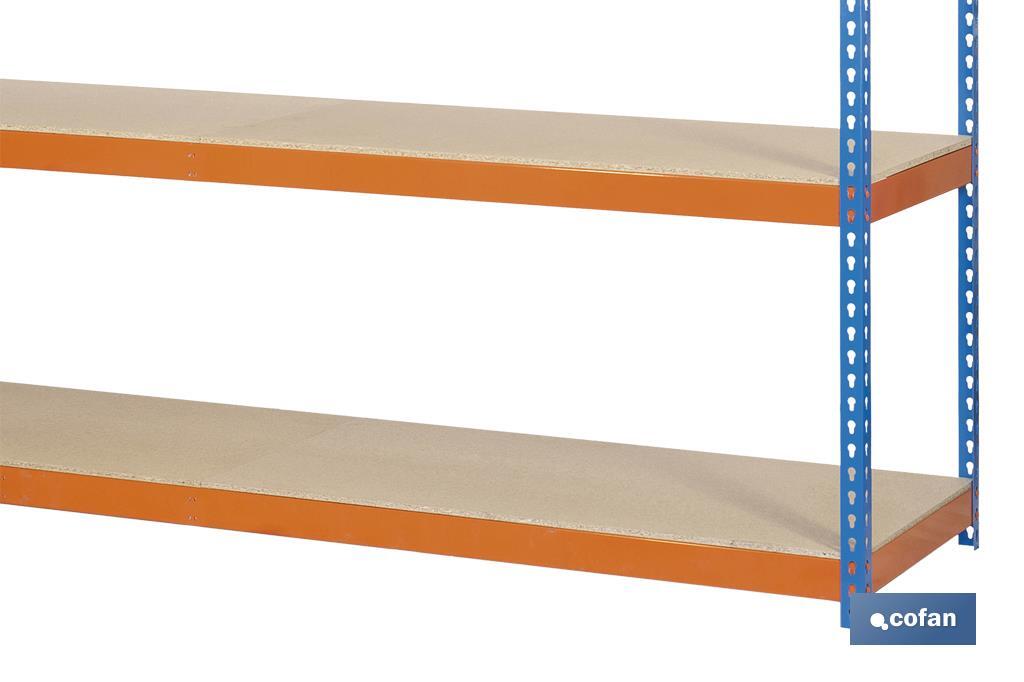 ESTANTERÍA MEDIA CARGA AZUL/NARANJA 4 BALDAS DE MADERA 2000 X 2400 X 600 MM