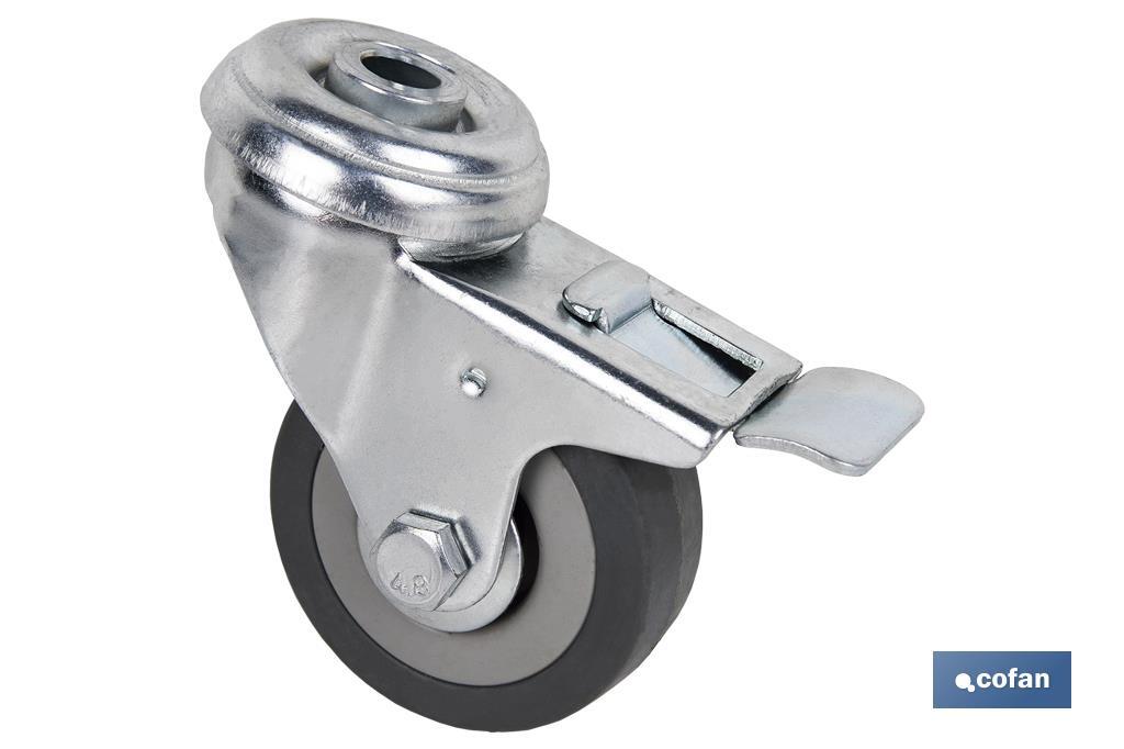 RUEDA DE GOMA GRIS CON AGUJERO PASANTE Y FRENO Ø50 X 18 MM Venta unitaria