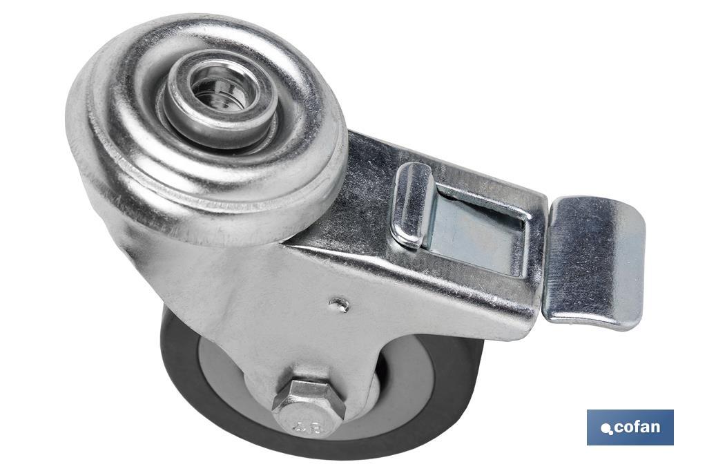 RUEDA DE GOMA GRIS CON AGUJERO PASANTE Y FRENO Ø75 X 22 MM Venta unitaria