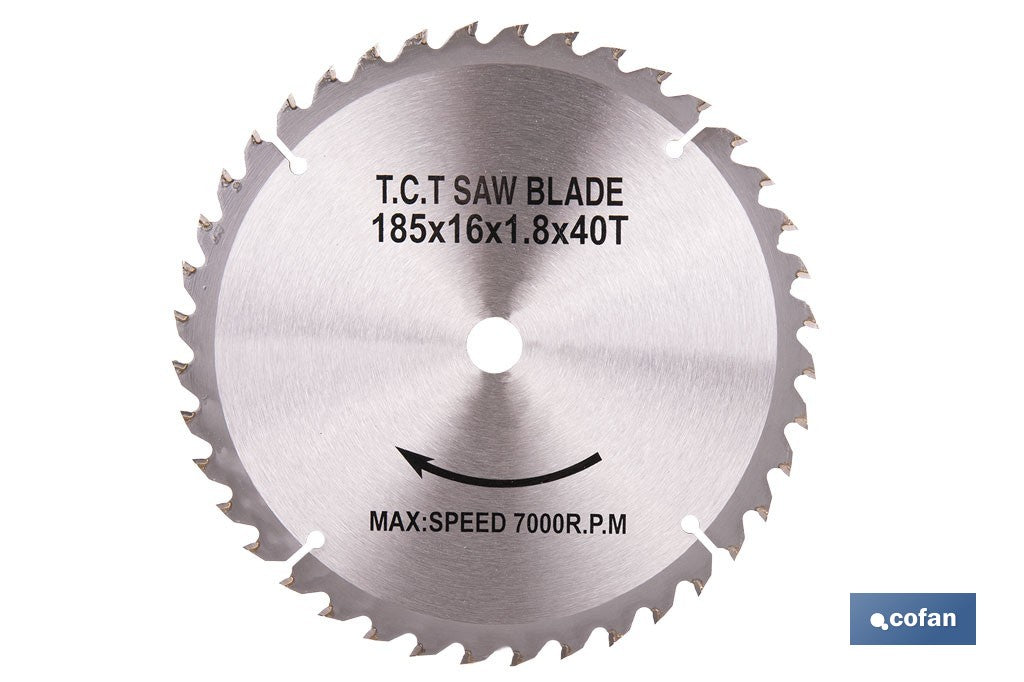 DISCO CORTE PARA MADERA Ø185 MM X 16 MM X 1,8 MM X 40 DIENTES