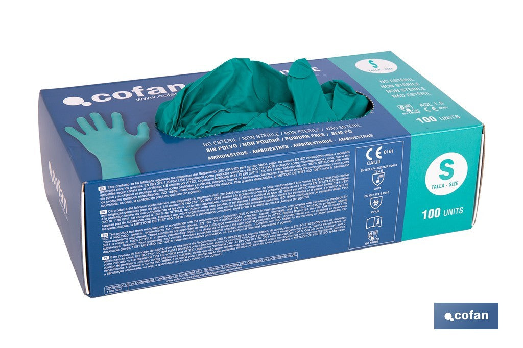 CAJA 100 UDS. GUANTES NITRILO VERDE COFAN PROTECCION FITOSANITARIOS T-S