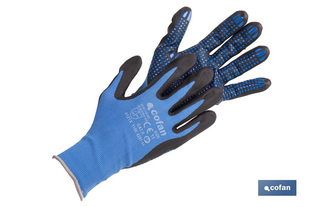 GUANTE IMPREGNADO CON PUNTOS AZULES DE NITRILO TALLA 9