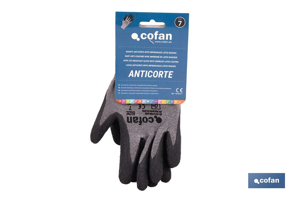 GUANTE ANTICORTE HPPE IMPREGNADO DE LATEX RUGOSO TALLA 7 VENTA UNITARIA