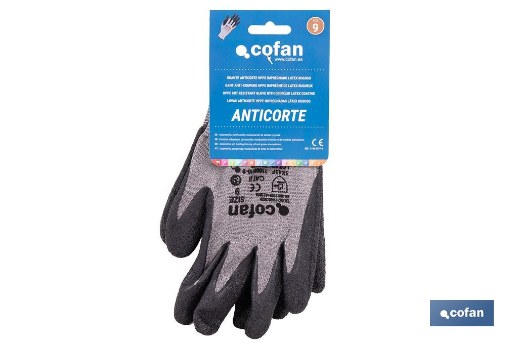 GUANTE ANTICORTE HPPE IMPREGNADO DE LATEX RUGOSO TALLA 9 VENTA UNITARIA