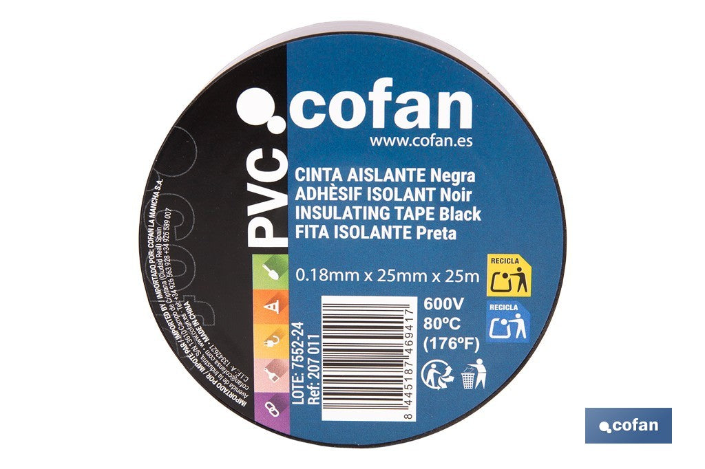 CINTA AISLANTE 180 MICRAS NEGRA 25 MM X 25 M
