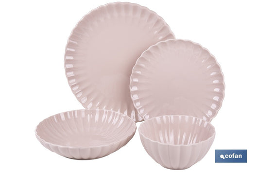VAJILLA DE PORCELANA EN RELIEVE COLOR ROSA NUDE ESMALTADO 16 PIEZAS