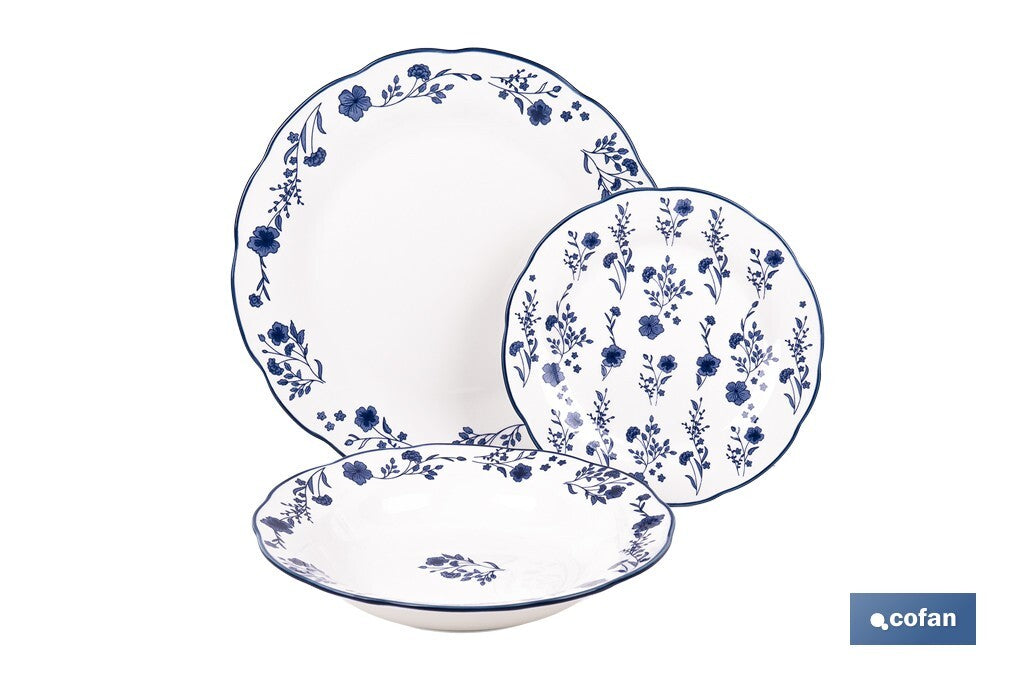 VAJILLA DE PORCELANA CON DETALLE FLORAL AZUL ESMALTADO DE FORMA IRREGULAR 18 PIEZAS