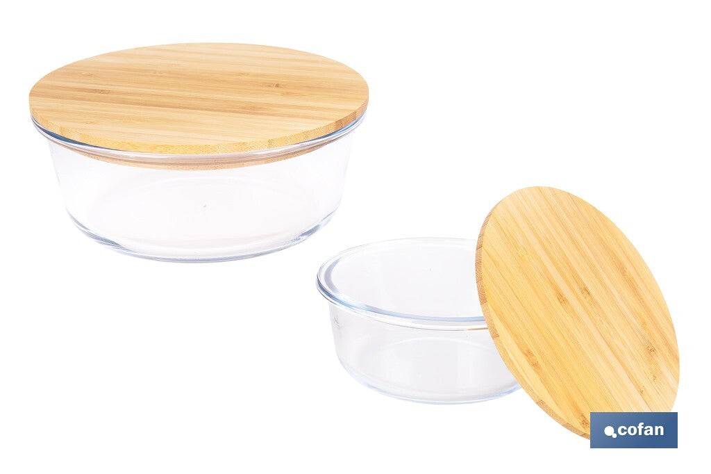 SET DE 2 RECIPIENTES DE BOROSILICATO CON TAPA DE BAMBÚ MODELO PANDA 620 ML - 950 ML