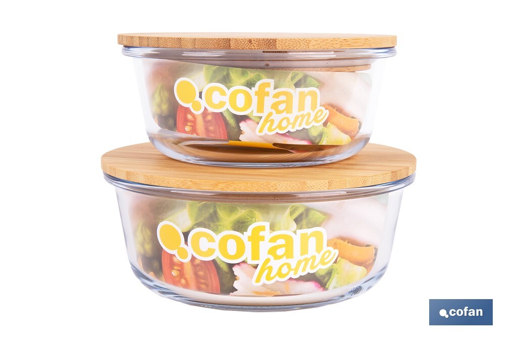 SET DE 2 RECIPIENTES DE BOROSILICATO CON TAPA DE BAMBÚ MODELO PANDA 620 ML - 950 ML