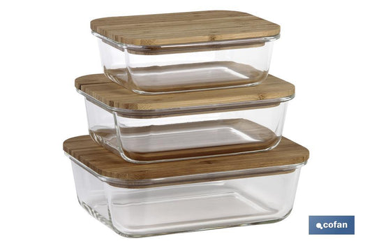 SET DE 3 RECIPIENTES DE BOROSILICATO CON TAPA DE BAMBÚ MODELO PANDA 640 ML-1040 ML -1520 ML