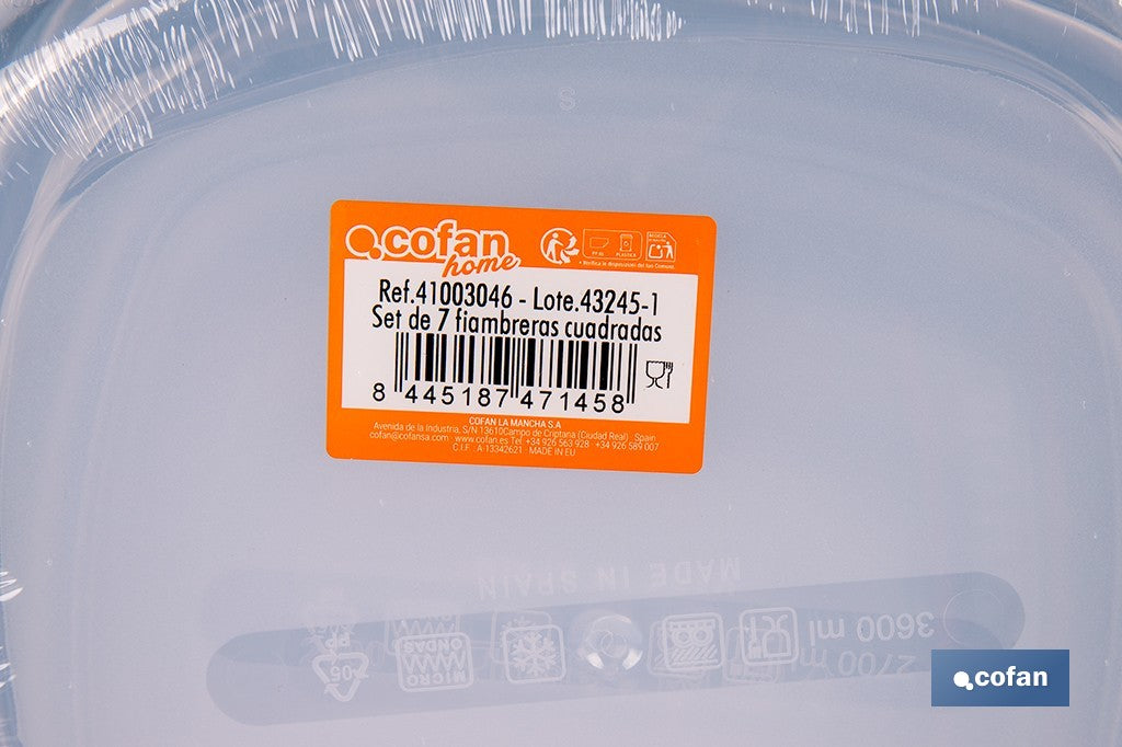SET DE 7  FIAMBRERAS CUADRADAS 220/350/600/1200/2000/2700/3600 ML