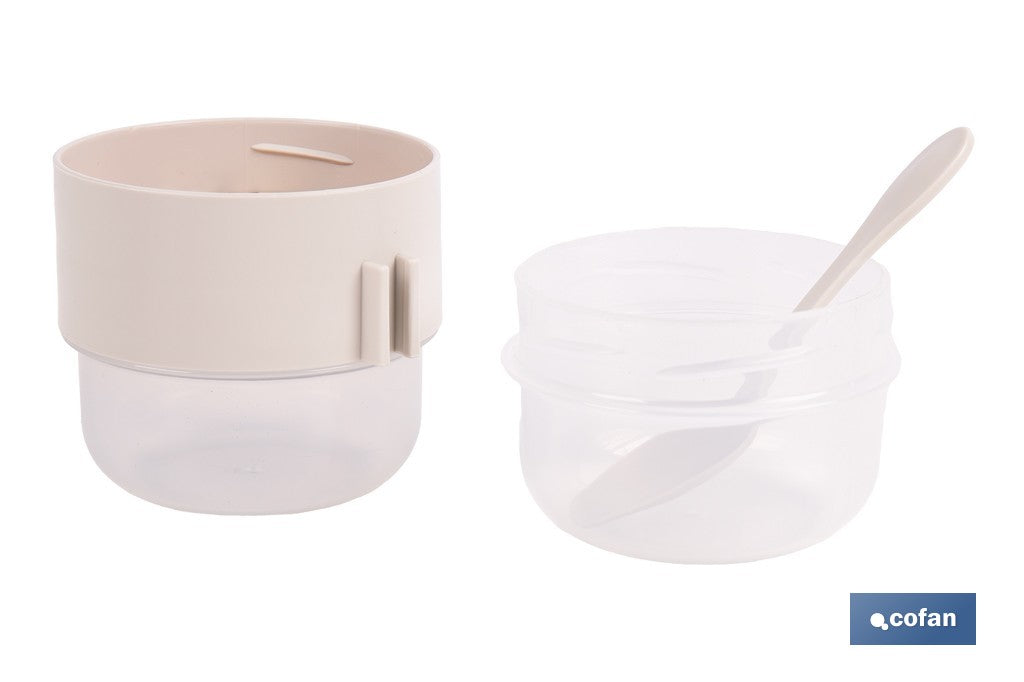 SET DE 3 RECIPIENTES CON TAPA, CUCHARA Y COMPARTIMIENTO INTERIOR  200ML+200ML