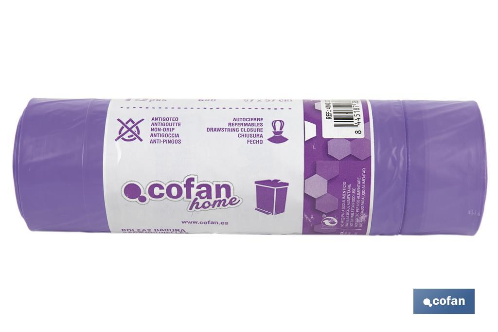 BOLSA DE BASURA AUTOCIERRE PERFUMADA LAVANDA 57 X 57 G.90 COLOR VIOLETA 15 UDS 30l
