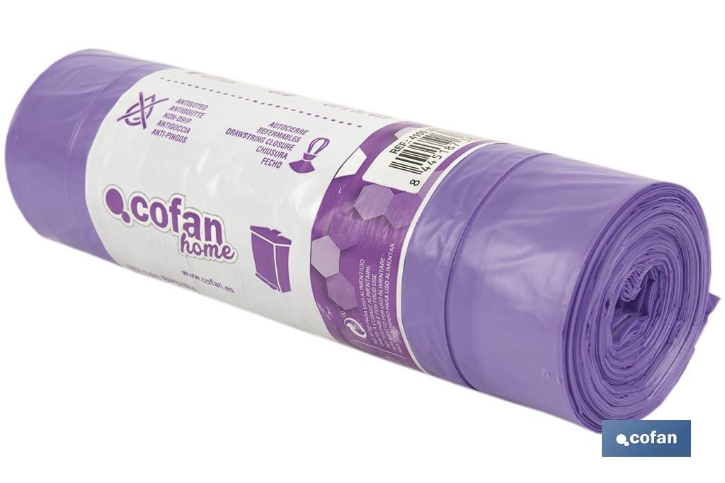 BOLSA DE BASURA AUTOCIERRE PERFUMADA LAVANDA 57 X 57 G.90 COLOR VIOLETA 15 UDS 30l