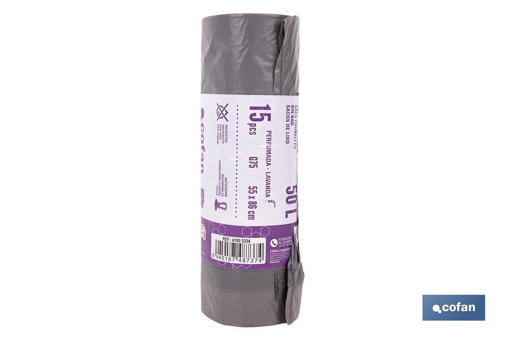 BOLSAS DE BASURA PERFUMADAS A LAVANDA CON AUTOCIERRE 55 X 86 CM G. 75 COLOR GRIS 15 UDS. 50 L