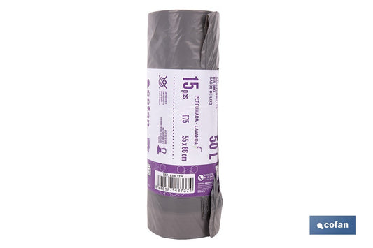 BOLSAS DE BASURA PERFUMADAS A LAVANDA CON AUTOCIERRE 55 X 86 CM G. 75 COLOR GRIS 15 UDS. 50 L