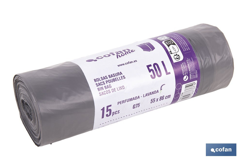 BOLSAS DE BASURA PERFUMADAS A LAVANDA CON AUTOCIERRE 55 X 86 CM G. 75 COLOR GRIS 15 UDS. 50 L
