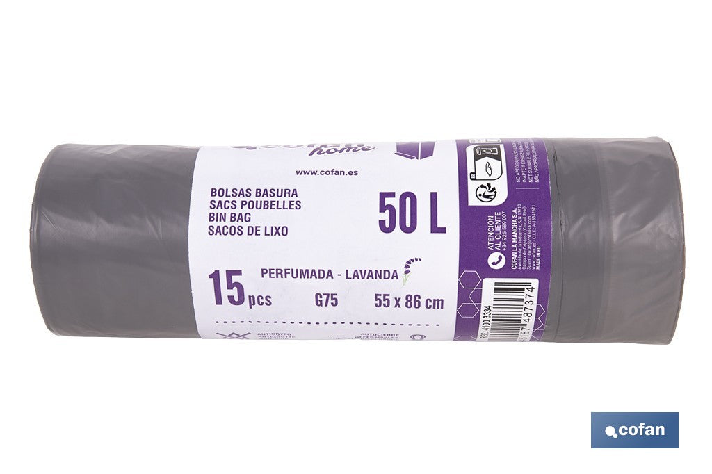 BOLSAS DE BASURA PERFUMADAS A LAVANDA CON AUTOCIERRE 55 X 86 CM G. 75 COLOR GRIS 15 UDS. 50 L