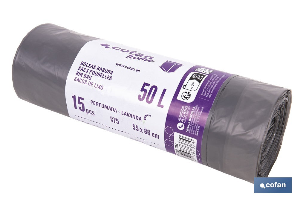 BOLSAS DE BASURA PERFUMADAS A LAVANDA CON AUTOCIERRE 55 X 86 CM G. 75 COLOR GRIS 15 UDS. 50 L