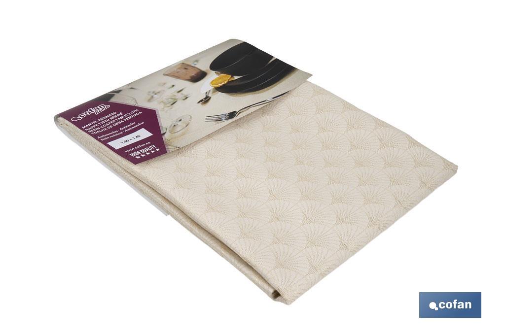 MANTEL ANTIMANCHAS RESINADO CONFECCIONADO 1,40 X 2,50 M 50% PES 45% CO 5% LUREX LINEAS DE ORO