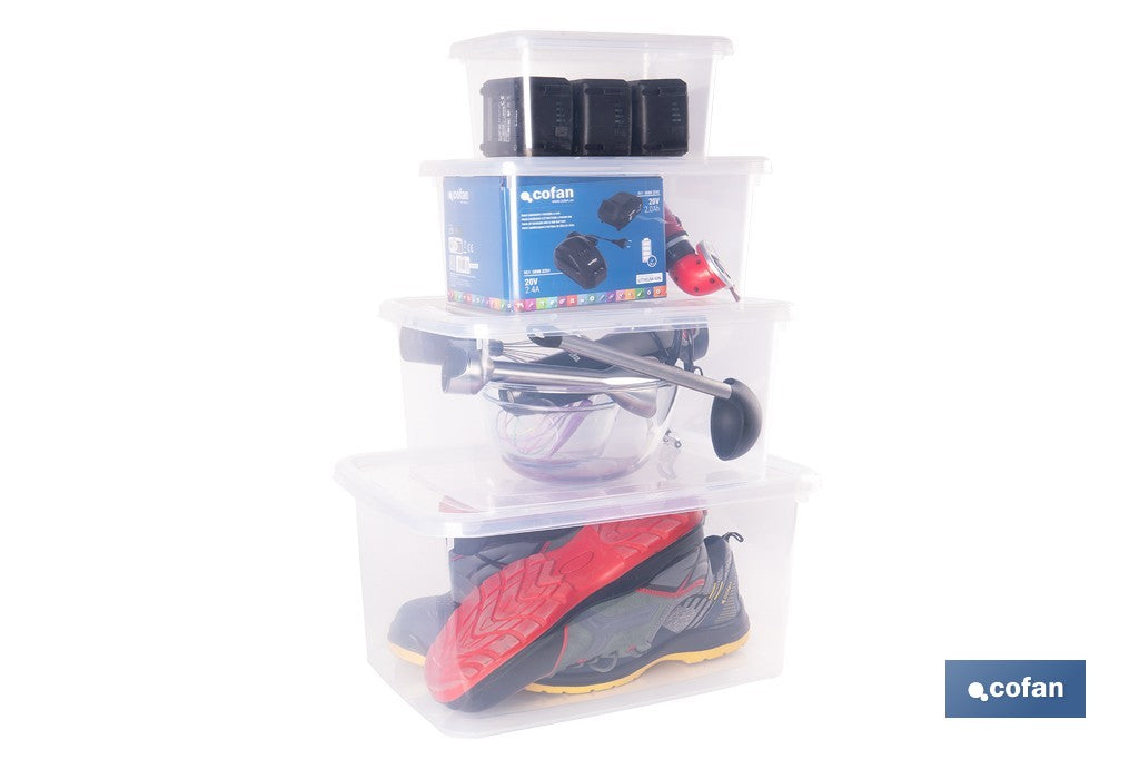 PACK DE 4 CAJAS DE ALMACENAJE TRANSPARENTES 4 L + 8 L + 15 L + 26 L