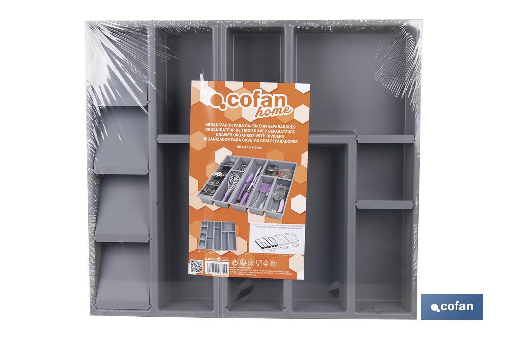 ORGANIZADOR PARA CAJÓN CON SEPARADORES DE COLOR GRIS 50 X 45 X 6,5 CM