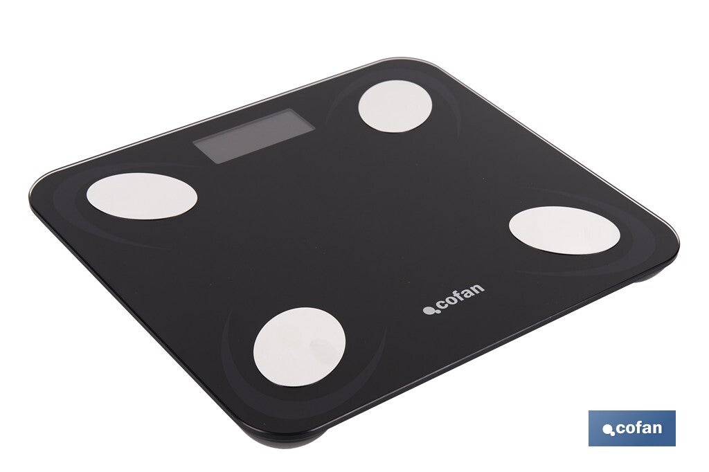 BÁSCULA DE BAÑO DIGITAL NEGRA CON PANTALLA LCD, USB Y MEDICIÓN IMC DE GRASA VISCERAL 30 X 26,5 X 2,2 CM