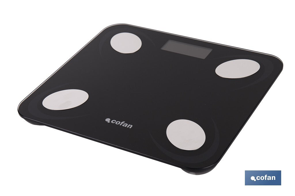 BÁSCULA DE BAÑO DIGITAL NEGRA CON PANTALLA LCD, USB Y MEDICIÓN IMC DE GRASA VISCERAL 30 X 26,5 X 2,2 CM