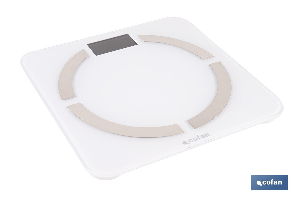 BÁSCULA DE BAÑO DIGITAL BLANCA CON PANTALLA LCD, USB Y MEDICIÓN IMC DE GRASA VISCERAL 30 X 30 X 2,2 CM