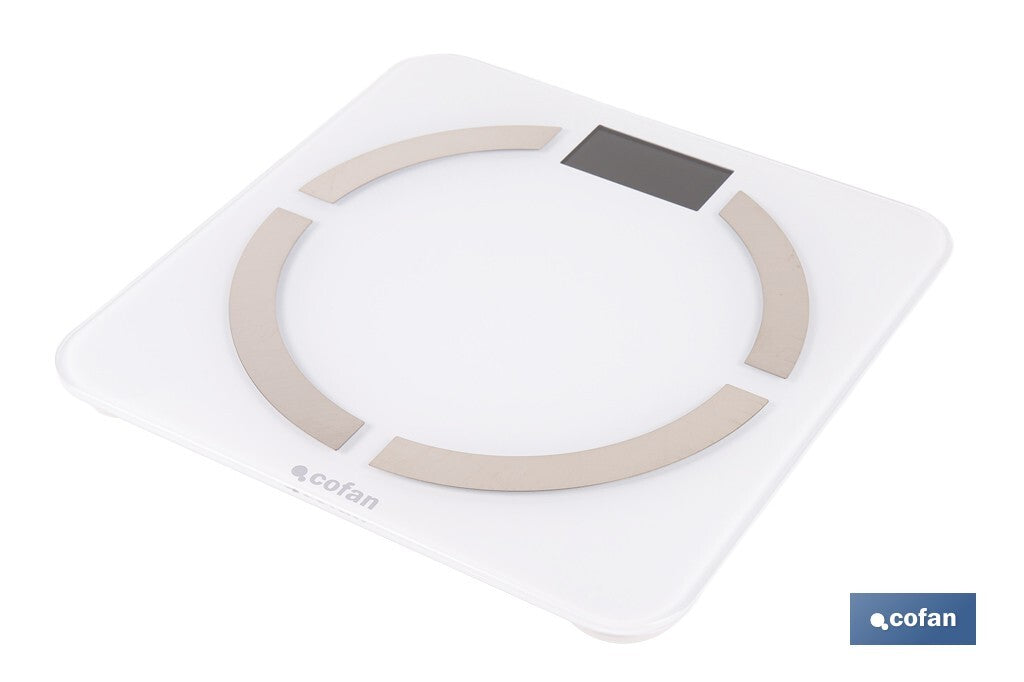 BÁSCULA DE BAÑO DIGITAL BLANCA CON PANTALLA LCD, USB Y MEDICIÓN IMC DE GRASA VISCERAL 30 X 30 X 2,2 CM