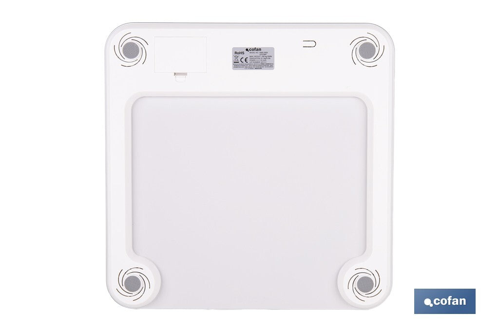 BÁSCULA DE BAÑO DIGITAL BLANCA CON PANTALLA LCD, USB Y MEDICIÓN IMC DE GRASA VISCERAL 30 X 30 X 2,2 CM