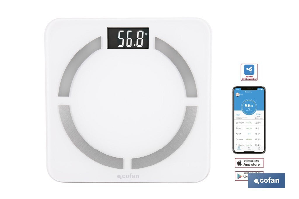 BÁSCULA DE BAÑO DIGITAL BLANCA CON PANTALLA LCD, USB Y MEDICIÓN IMC DE GRASA VISCERAL 30 X 30 X 2,2 CM
