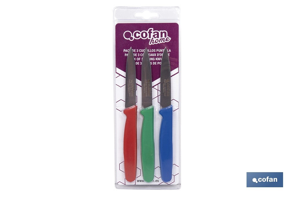 PACK DE 3 CUCHILLOS PUNTILLA COLOR ROJO VERDE AZUL