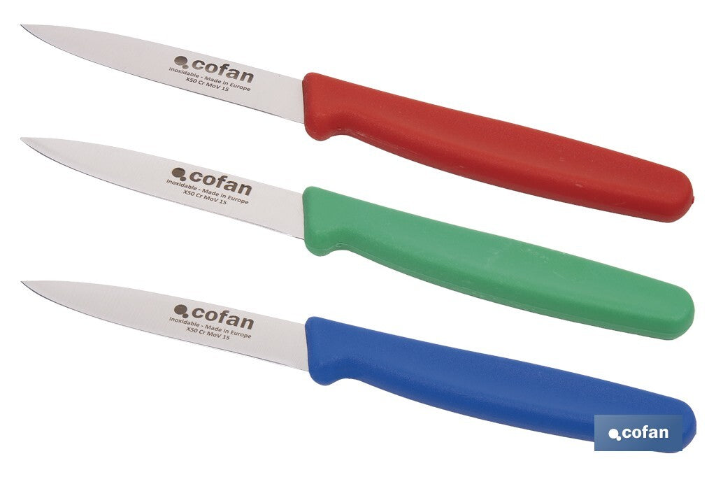 PACK DE 3 CUCHILLOS PUNTILLA COLOR ROJO VERDE AZUL