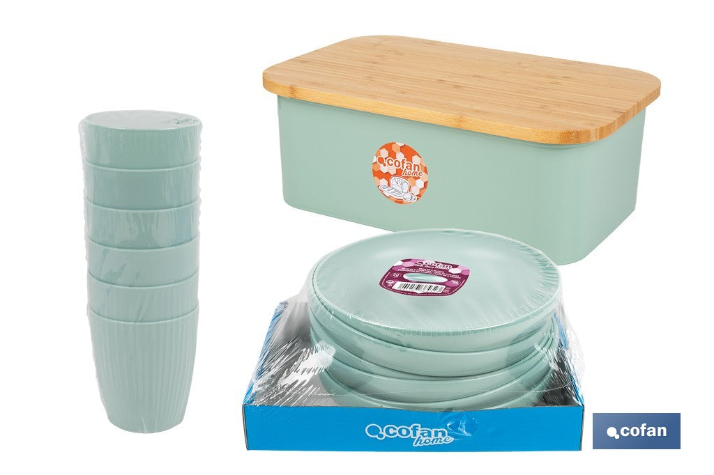 PACK DE PANERA CON TAPA BAMBU ,6  VASOS DE AGUA VERDE Y 6 PLATOS VERDE