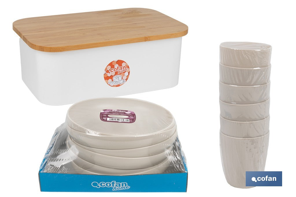 PACK DE PANERA CON TAPA BAMBU ,6  VASOS DE AGUA BEIGE Y 6 PLATOS BEIGE