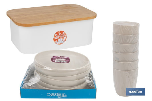 PACK DE PANERA CON TAPA BAMBU ,6  VASOS DE AGUA BEIGE Y 6 PLATOS BEIGE