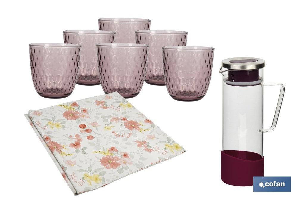 PACK DE JARRA MORADA,SET DE VASOS DE AGUA Y MANTEL 1.40 X 1.40 CM